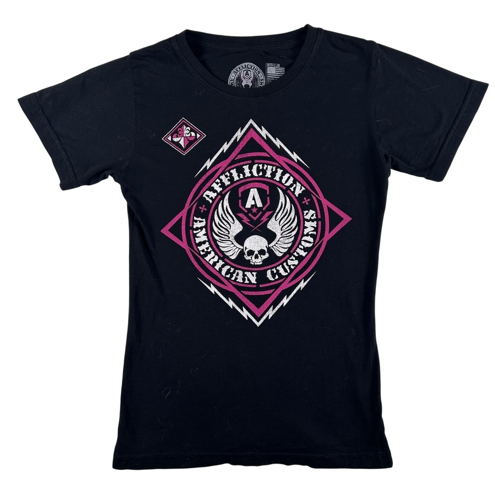 Vintage Affliction‎ Shirt Womens Medium American Customs Skull Graphic Tee Biker